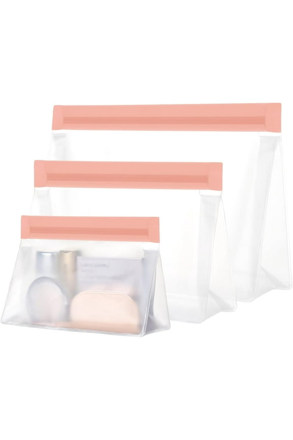 Leak Proof Clear Travel Bags - Sealed Quart Size Travel Bag TSA Approved, Reusable Clear Makeup Bag with Flat Bottom, Food-grade PEVA, 1L+1M+1S, Pink