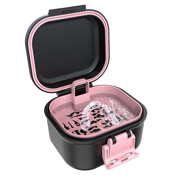 Leak-Proof Denture Case, Denture Cup for Soaking Dentures, Retainer Cleaning Case Black and Pink Denture Case（☺️OS）