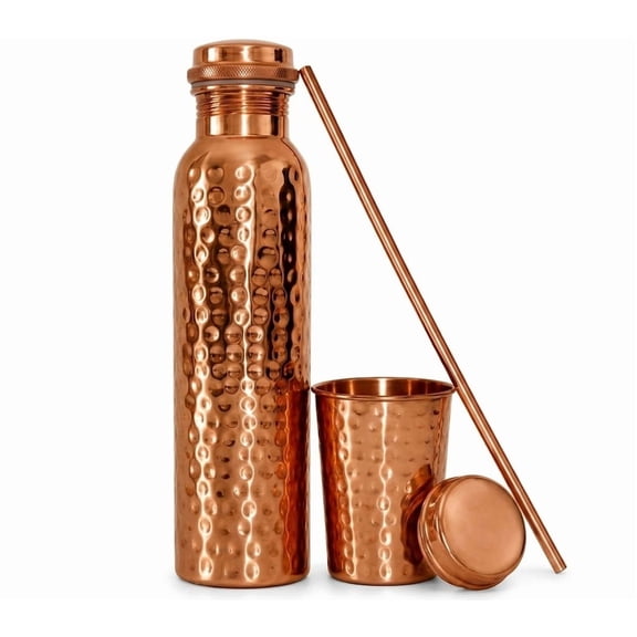 Leak-Proof Lid 34 Oz Hammered 100% Pure Copper Water Bottle with Copper Tumbler & Straw