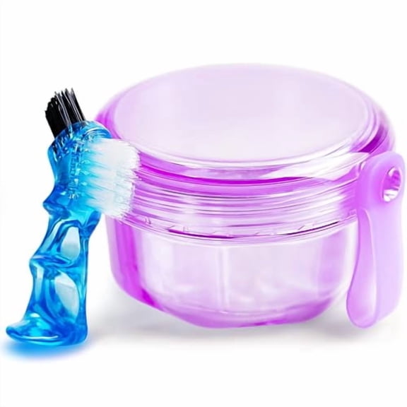 Leak Proof Purple Denture Cups for Soaking Dentures,Partial Denture Bath Case Travel Retainer Cleaning Container Case with Brush for Aligner,Denture,Mouth Guard