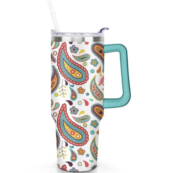 Leak Proof Vacuum Insulated 40oz Paisley Stainless Steel Tumbler with Handle, Flip Straw Lid Travel Mug Gift for Men Women