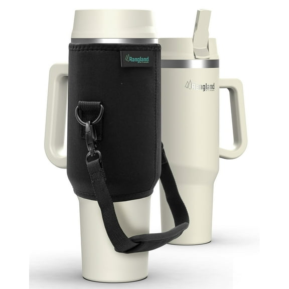 Leak-proof 40 oz Tumbler with Handle and Carrier Bag, Spill-proof Insulated Water Bottle Cup with Sport Straw Lid and Padded Hand Strap, Neoprene (Light Cream)