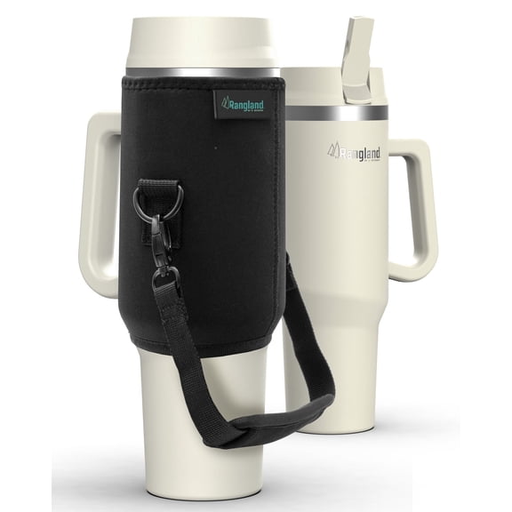 Leak-proof 40 oz Tumbler with Handle and Carrier Bag, Spill-proof Insulated Water Bottle Cup with Sport Straw Lid and Padded Hand Strap, Neoprene (Light Cream)
