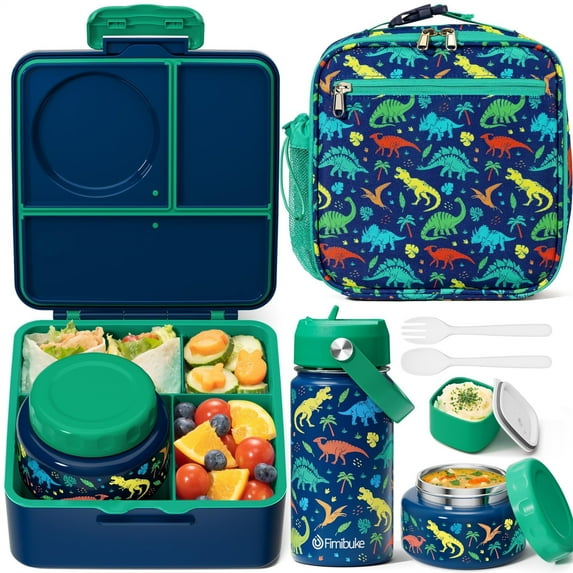 Leak-proof Lunch Bento Box Set with Insulated Food Jar, Water Bottle, Lunch Bag, Sauce Cup & Cutlery, Dinosaur