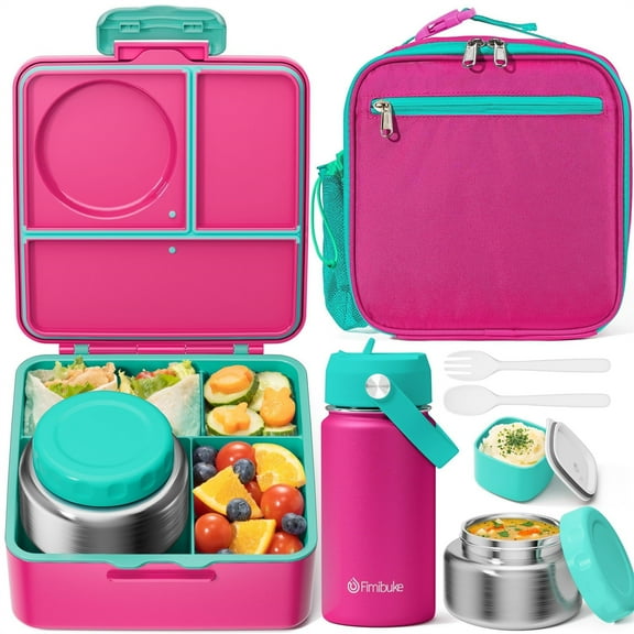 Leak-proof Lunch Bento Box Set with Insulated Food Jar, Water Bottle, Lunch Bag, Sauce Cup & Cutlery, Red & Green