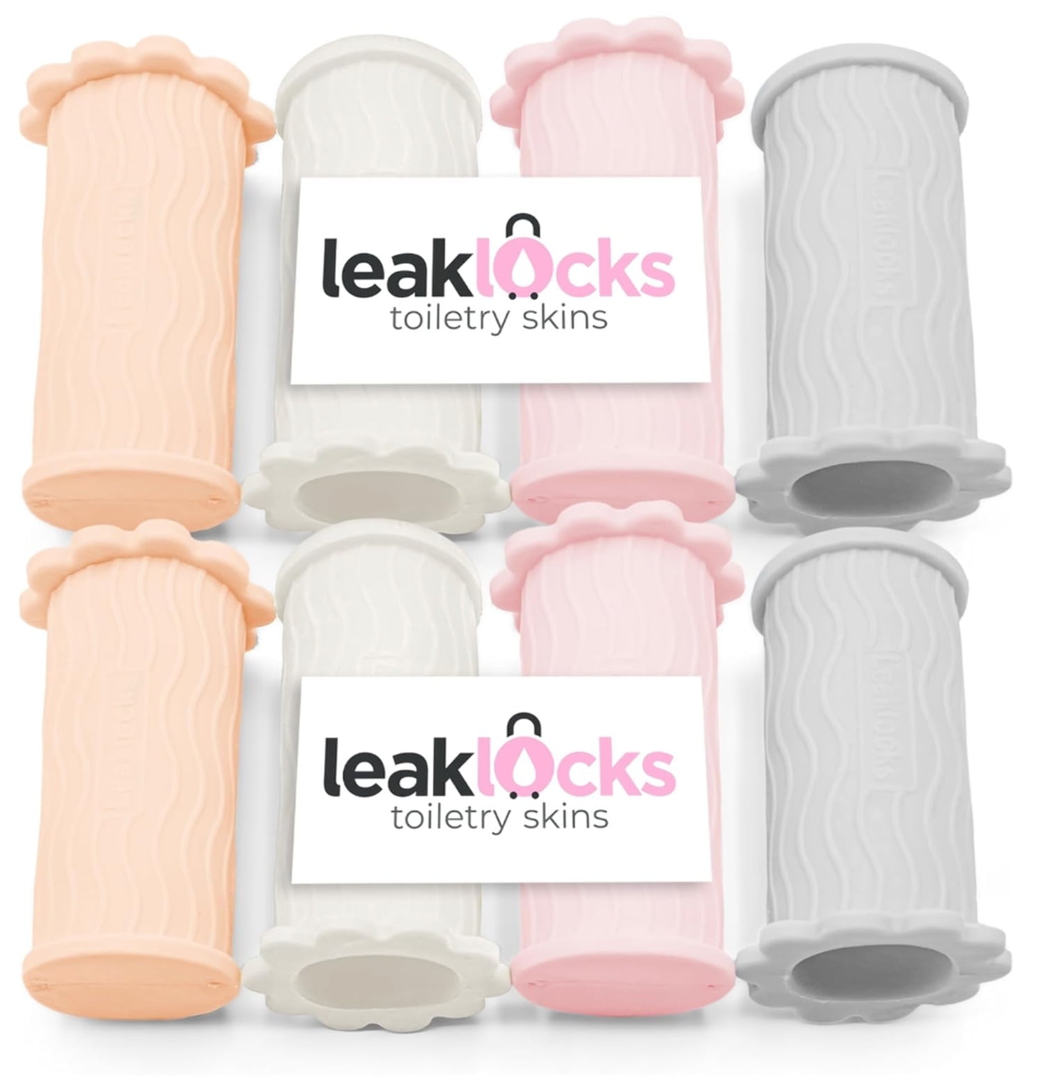 LeakLocks® Toiletry Skins™ Elastic Sleeve for Leak Proofing Travel Container (8 Pack Neutral). Standard/Travel Sized Toiletries. Reusable Accessory for Travel Bag Suitcase and Carry-on Luggage