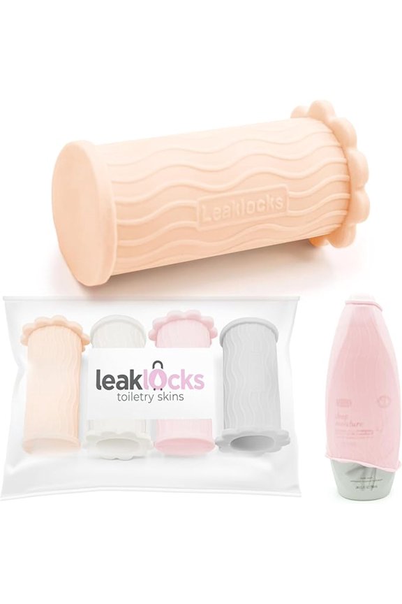 LeakLocks® Toiletry Skins™ Elastic Sleeve for Leak Proofing Travel Container (Neutral). For Standard and Travel Sized Toiletries. Reusable Accessory for Travel Bag Suitcase and Carry-on Luggage