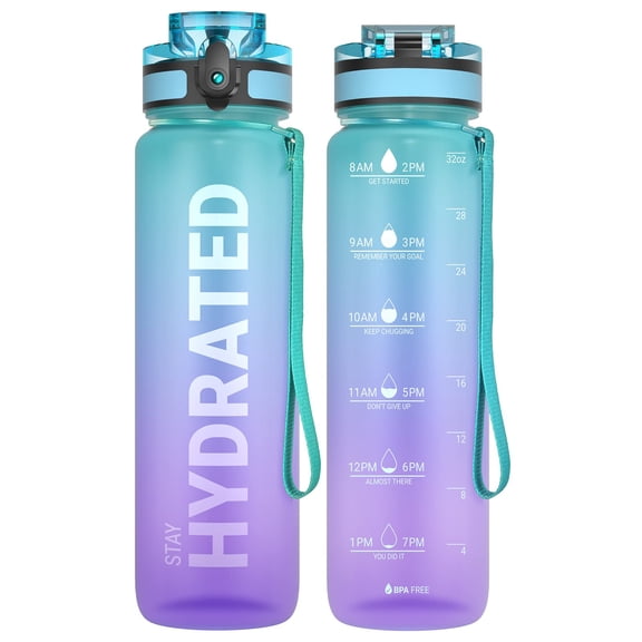Leakproof BPA-free tritan water bottle with time marker for daily hydration in multiple scenarios