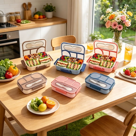 Leakproof Divided Lunch Box Bento Container - 3-in-1 Compartments • Microwave, Dishwasher Safe Food Storage • Meal Prep Organizer Cup • Utensil Set Included