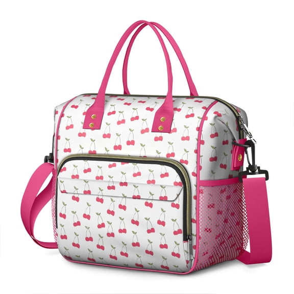 Leakproof Dual Compartment Lunch Box with Cherry Lover Design Large Insulated Cooler Tote Foldable Adjustable Strap Multi pocket Organizer for Work & Travel