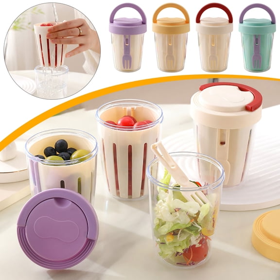 Leakproof Fruit Container Cup with Built-In Fork | Portable Double-Layer Picnic Food Storage Box | Odor-Free Food-Grade Plastic | 9x12.5cm | Snack Salad Holder | 1 Pack