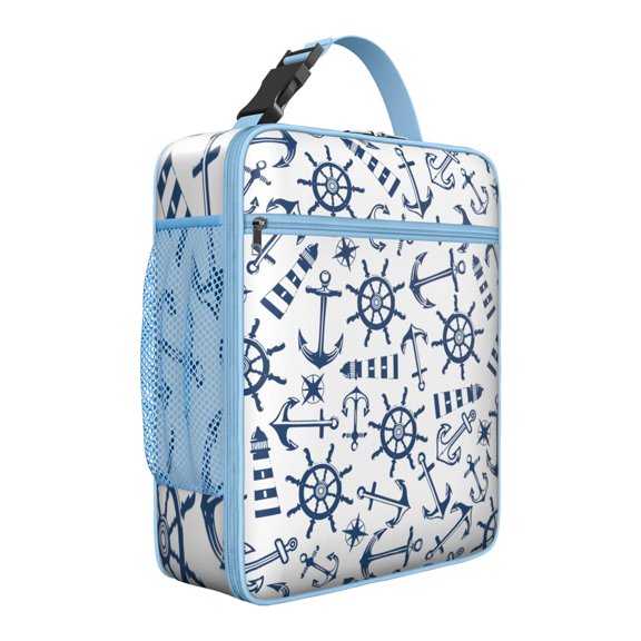 Leakproof Insulated Lunch Bag with Mesh Pocket Hands-Free Buckle Portable Thermal Cooler with Maritime Voyage Ship Boat Anchor Lighthouse & Wave Tide Horizon Design for Commuters and Outdoor Enthusias