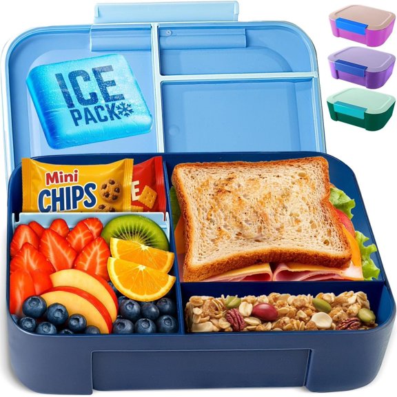 Leakproof Lunch Box - 3-Compartment Bento Box, Cooler Pack & Adjustable Divider, & - Dishwasher Safe, Ideal for -the-Go Meals, Navy & Blue
