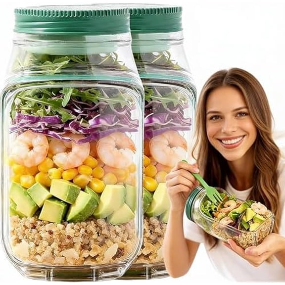 Leakproof Salad Pod Jar with Side Opening Lid - BPA-Free Portable Snack/Salad Container for Travel, Work, Picnic & Parties