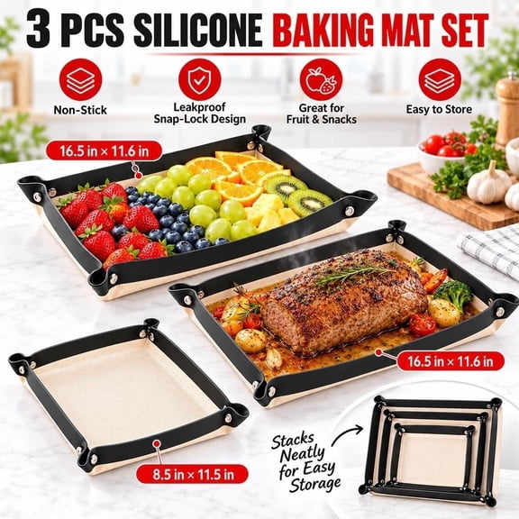 Leakproof Silicone Baking Mat with Snap Lock Edges,3pcs Nonstick Reusable Oven Liner & Baking Sheet, Heat Resistant Snap-Up Cooking Mat for Cookies, Roasting, Pastry & Kitchen Use - C_2*16.5IN＋11.5IN