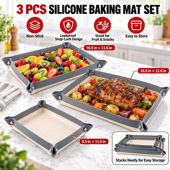 Leakproof Silicone Baking Mat with Snap Lock Edges,3pcs Nonstick Reusable Oven Liner & Baking Sheet, Heat Resistant Snap-Up Cooking Mat for Kitchen Use - GRAY_2*16.5IN＋11.5IN