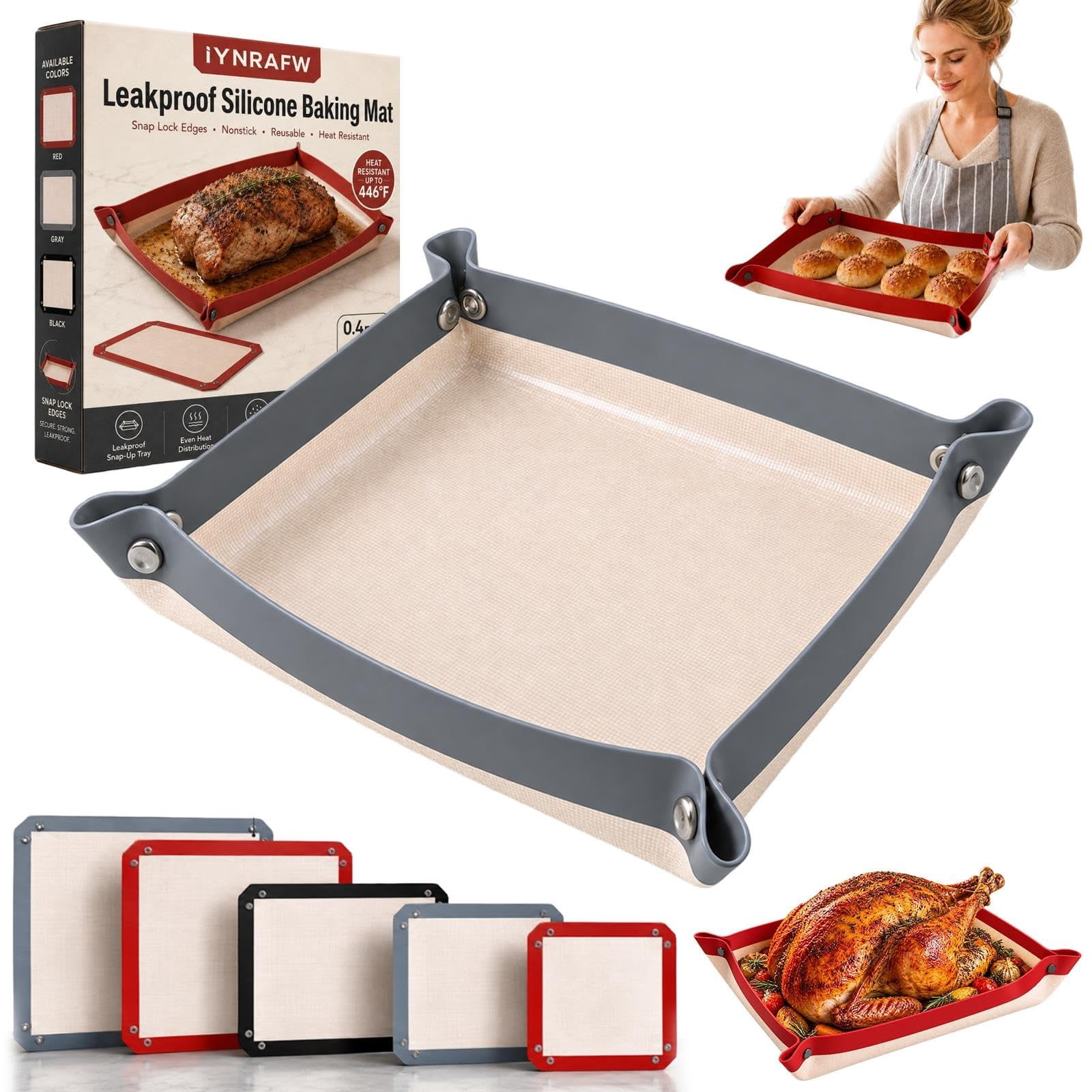 Leakproof Silicone Baking Mat with Snap Lock Edges Nonstick Oven Liners ...