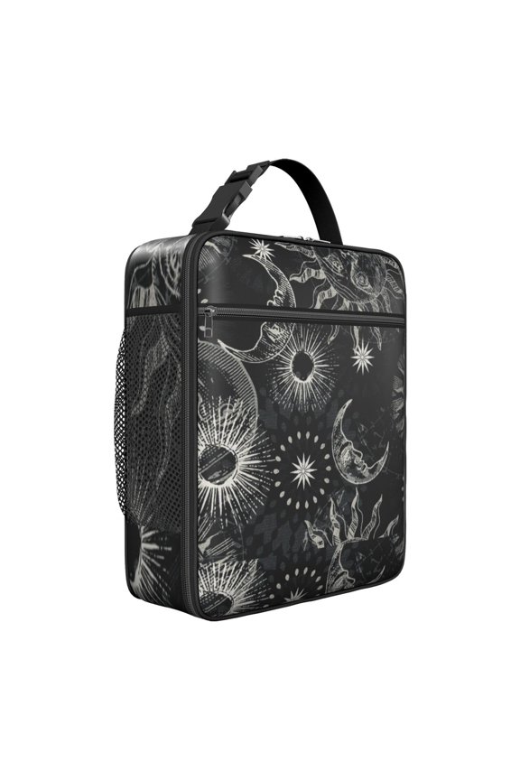 Leakproof Thermal Lunch Box Tote with Hands-Free Buckle Handle, Mesh Side Pocket, Durable Insulated Food Container Bag with Steampunk, Lunar, Celestial, Eclipse & Astronomical Patterns
