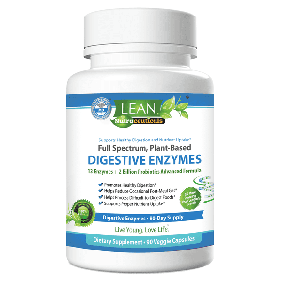 Lean Nutraceuticals Digestive Enzymes Supplement - Plant-Based Pancreatic Enzymes for Digestion / Supports Healthy Digestion and Better Nutrient Uptake / Perfect for Keto & Paleo Diets (90 Capsules)