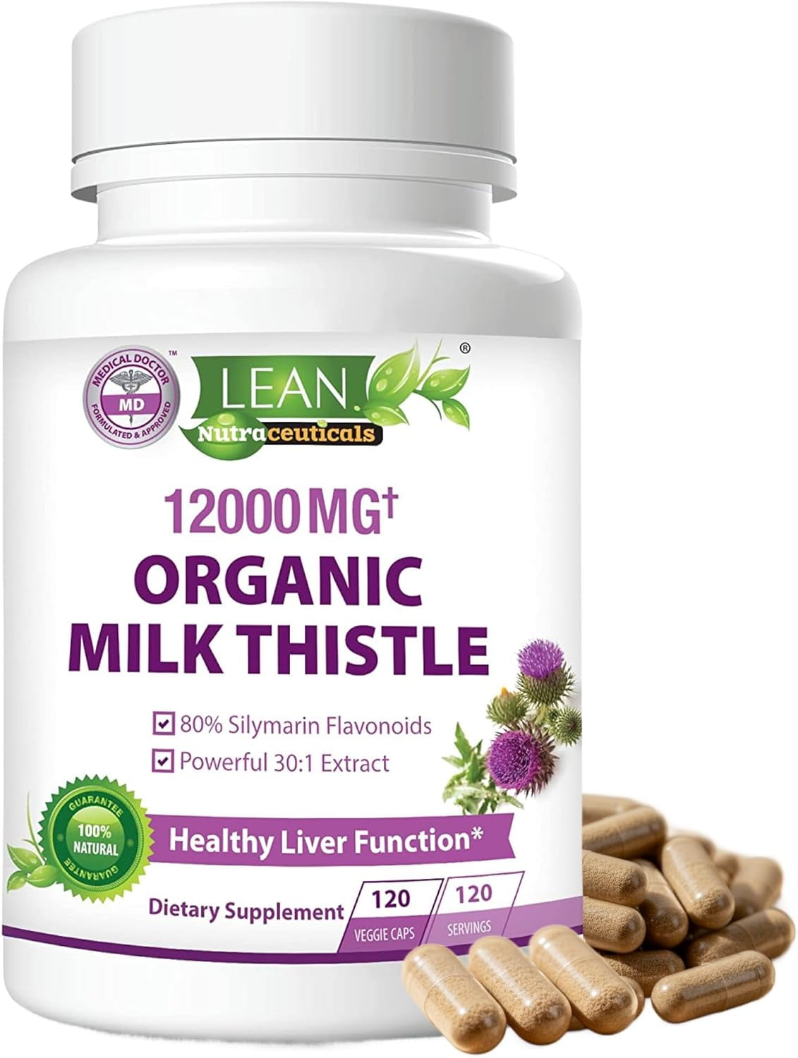Lean Nutraceuticals Organic Milk Thistle Supplement, 12,000mg, Silymarin, Liver Cleanse, 120 Capsules