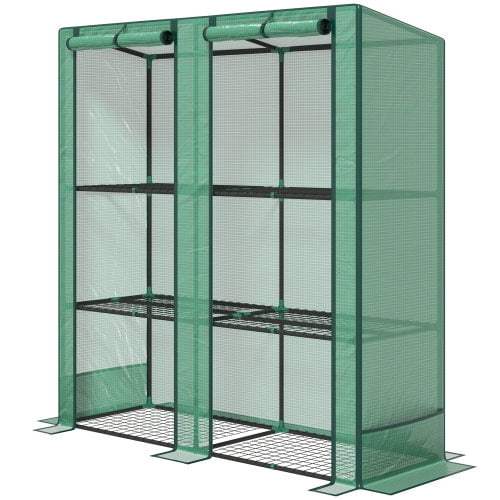 Lean-To Portable Greenhouse with 3-Tier Wire Shelves, 56.7" x 18.9" x 59.8"/55.9" H, Powder-Coated Steel Frame, 140 GSM UV-Resistant PE Cover, Dual Roll-Up Zipper Doors for Outdoor Plant Care