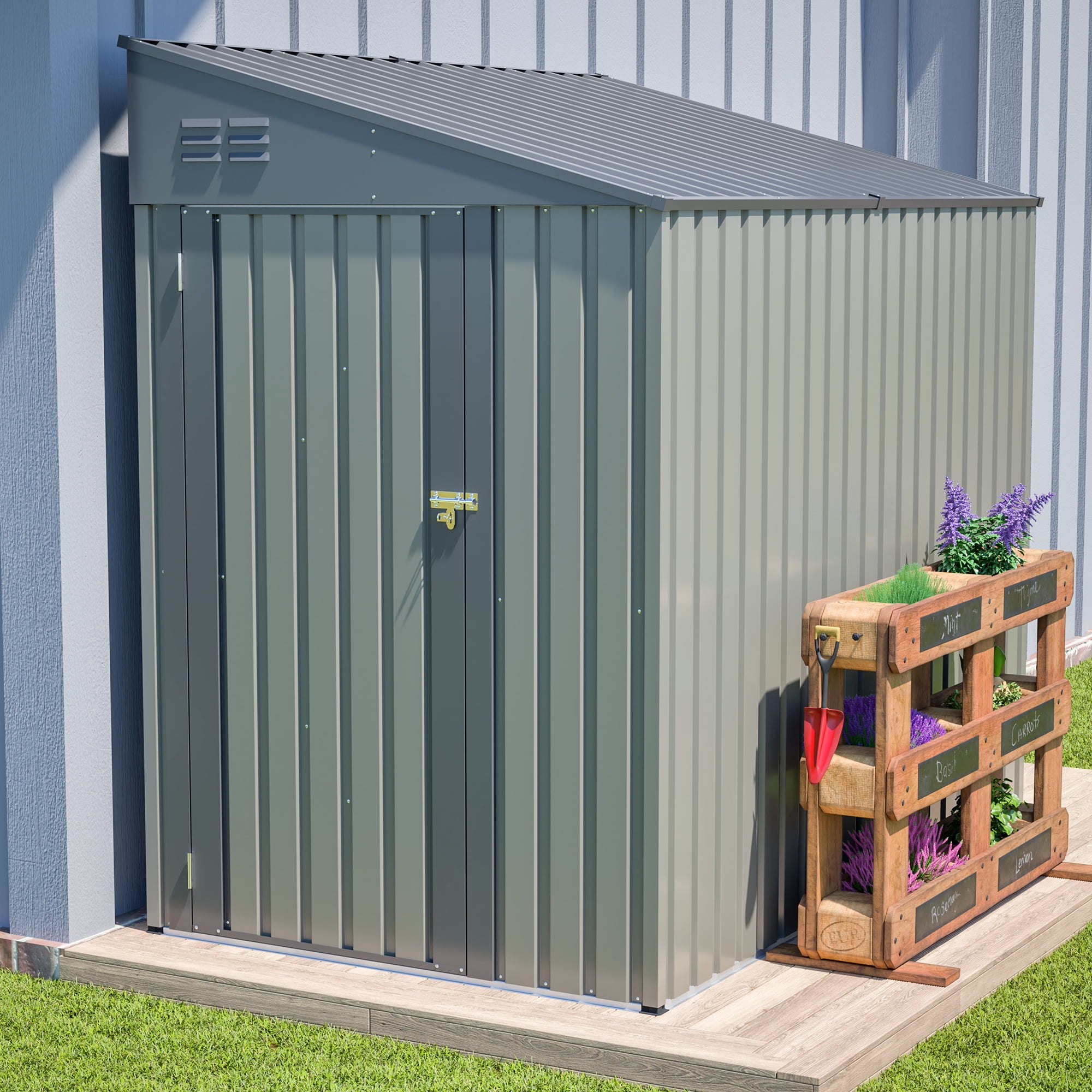 Lean To Outside Racking Lean-To Shed, 4x7 FT Lean-To Shed in Olive Grey, Heavy-Duty Steel ...