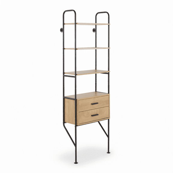 Lean Wall-Mounted Bookcase with Black Metal Frame and Brown Wood Shelves, 2 Pull-Out Drawers