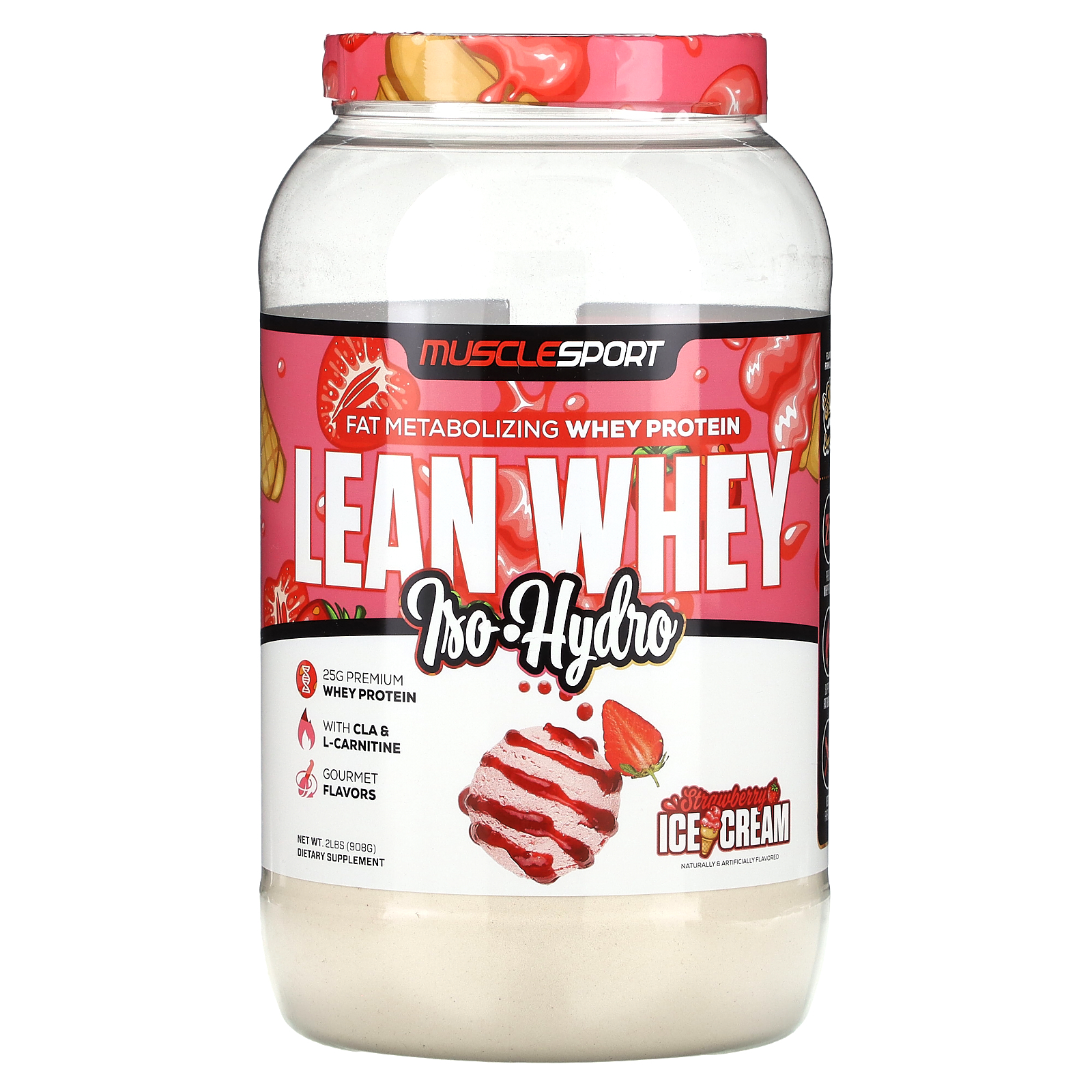 Lean Whey, IsoHydro, Strawberry Ice Cream, 2 lbs (908 g), MuscleSport