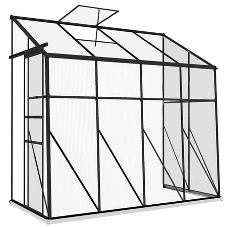 Lean-to Greenhouse, Double-Wall Polycarbonate and Aluminum Frame Garden House with Sliding Door, Adjustable Roof Vent and Gutter System, 127 x 253 x 240 cm, Black, Outdoor Plant Shelter
