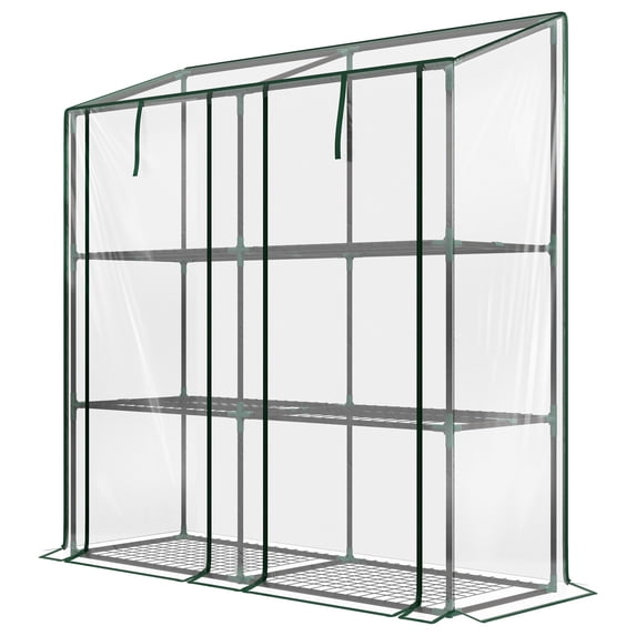 Lean-to Greenhouse, Portable Greenhouse with 3 Tier Shelves, 2 Roll-Up Zippered Doors, 56.3" x 18.1" x 59.4", Clear