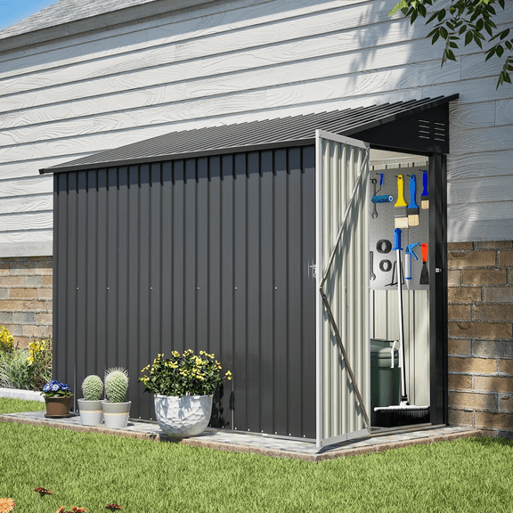 Lean to Shed, 4' x 8' Metal Shed and Outdoor Storage, Sloped Top Patio Tool Shed with Lockable Door, Floor Frame, Padlock