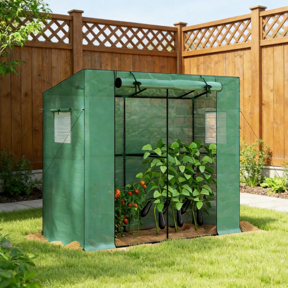 Lean-to-Wall Mini Greenhouse Green UV-Resistant PE Cover, Roll-Up Door & Mesh Windows, Pent Roof Anti-Rain Accumulation, Stable with Guy Ropes & Ground Stakes