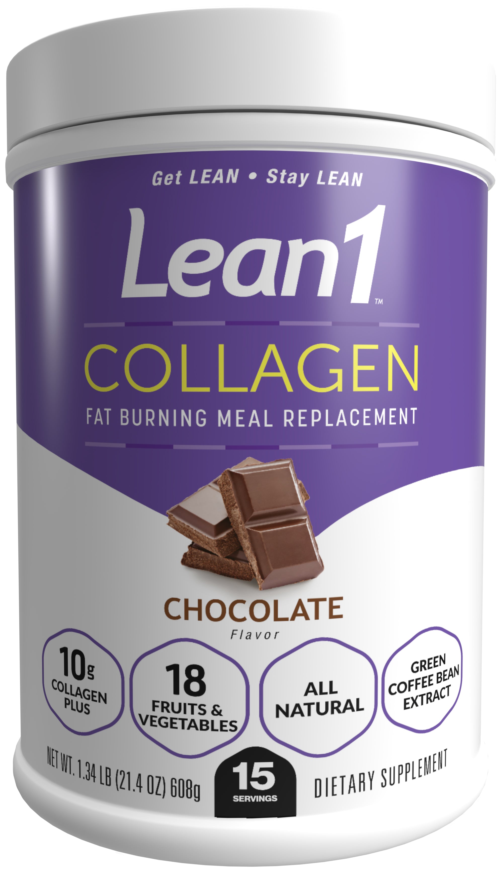Lean1 Collagen Fat Burning Meal Replacement Shake, Chocolate Flavor, 15