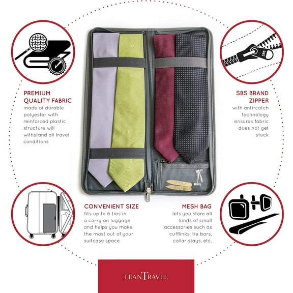 LeanTravel Tie Case Organizer for Travel with Storage Bag for Cufflinks, Color Grey