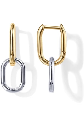 14K Gold Plated Convertible Paperclip Earrings for Women - Trendy Paper Clip Link Huggie Hoop Earrings - Chain Link Drop Dangle Hoops with Cubic Zirconia - Two-Toned Statement Jewelry