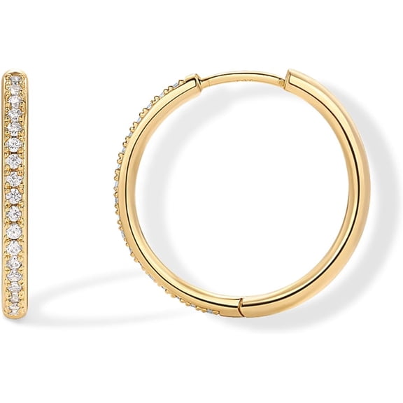 Leander 14K Gold Plated Cubic Zirconia Hoop Earrings for Women - Sterling Silver Posts Trendy Fashion Hinged Gold Earrings for Women