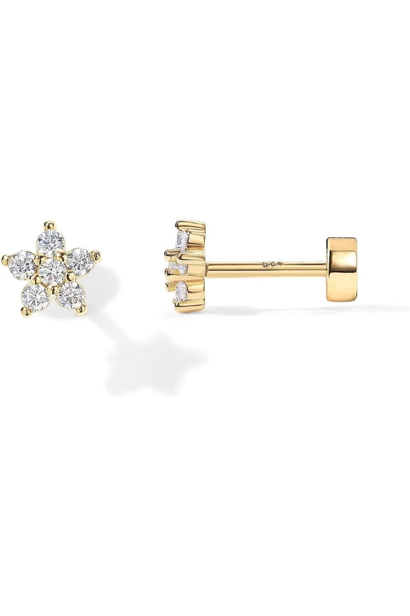 14K Gold Plated Flat Back Earrings | Solid 925 Sterling Silver Posts | Helix Cartilage Earrings for Women | Cubic Zirconia Stud Earrings | Trending Fashion Jewelry