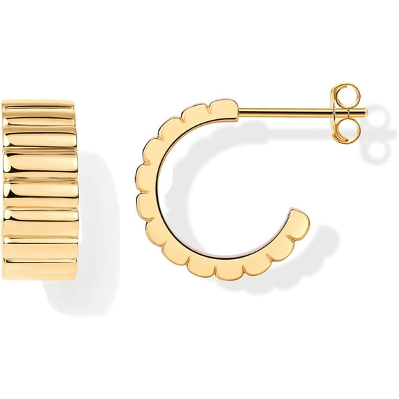 Leander 14K Gold Plated Ribbed Hoop Earrings for Women - Chunky Ridge Statement Earrings - Boho Puffy Croissant Huggie Hoops Trendy Gold Jewelry