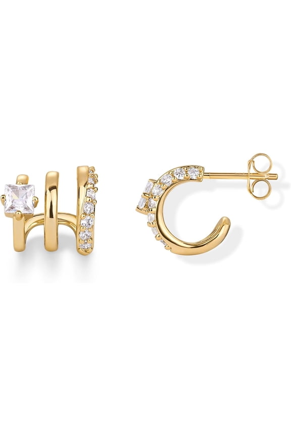 14K Gold Plated Sterling Silver Posts Cubic Zirconia Segment Triple Hoop Earrings for Women | Statement Triple Hoop Stud Earrings