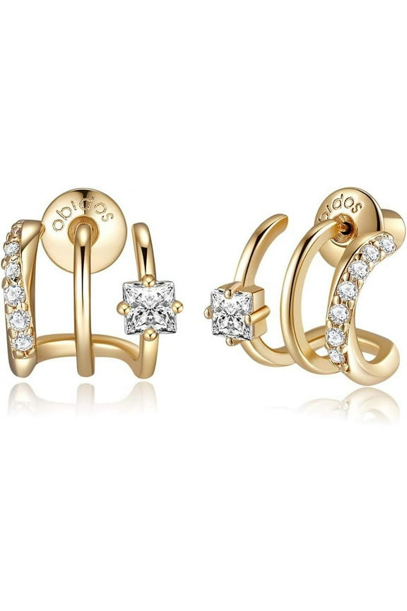 14K Gold Plated Triple Huggie Illusion Stud Earrings | Double Huggie Hoop Earrings for One Hole | Gold Hoop Earrings for Women | Drop earrings