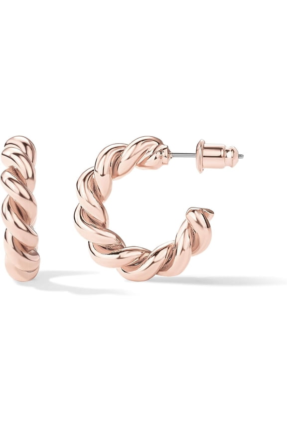 14K Gold Plated Twisted Rope Round Hoop Earrings in Rose, White and Yellow Gold