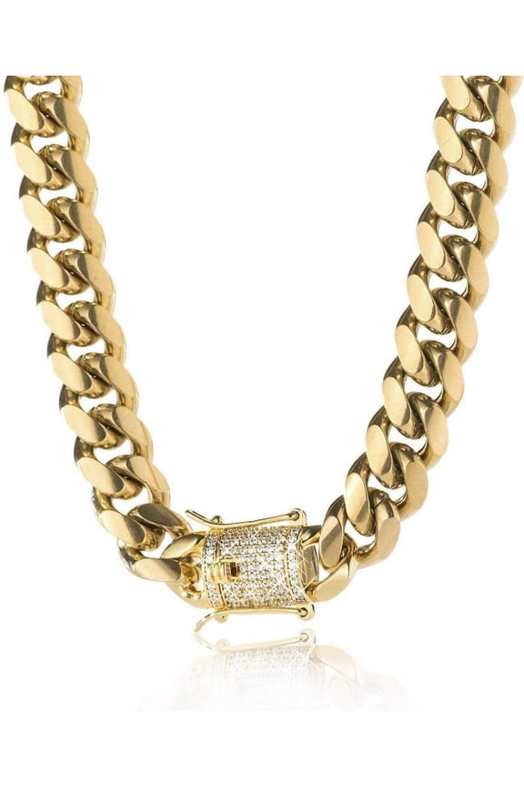14K Gold-Plated Miami Cuban Chain, 316L Stainless Steel Necklace or Bracelet with Ice Diamond Clasp, Perfect for Men and Women (Christmas Gift)
