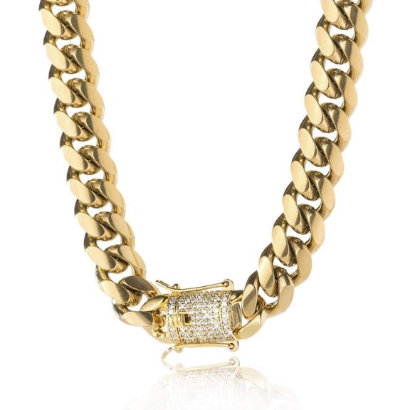 Leander 14K REAL Gold Plated Miami Cuban Link Chain 316L Stainless Steel Necklace or Bracelet with Iced Out Diamond Clasp for Men Women(Custom Box and Pouch Packing, Christmas Gift)