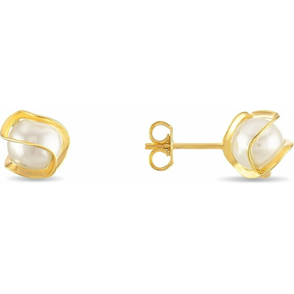 Leander 18K Gold Plated Caged Pearl Stud Earrings, 6MM - Made In Brazil