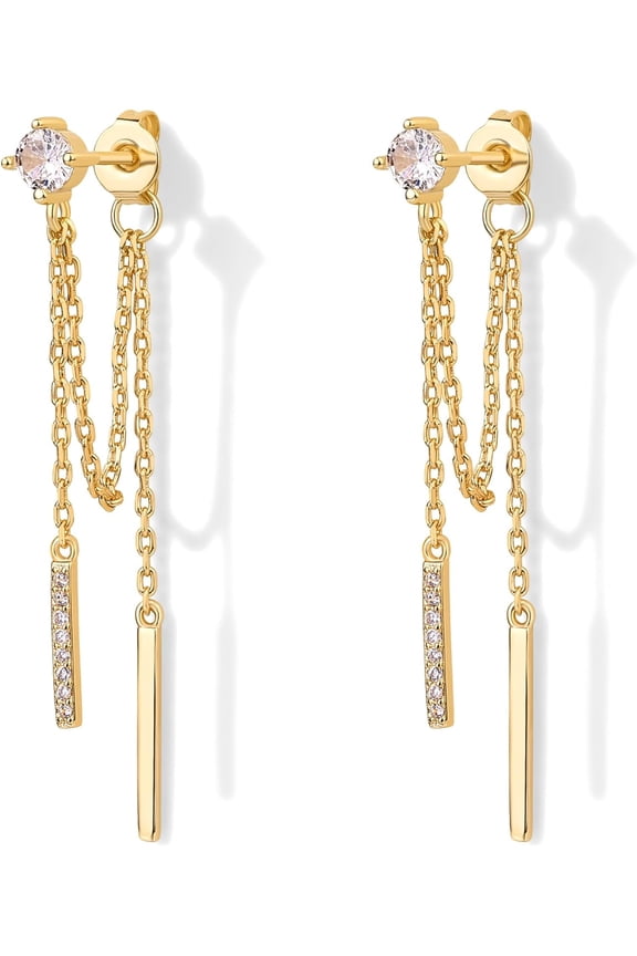 18K Gold Plated Sterling Silver Posts Drop Dangle Chain Earrings for Women | Dangling Chain Studs | Cubic Zirconia Ball Threader Earscapes Earrings