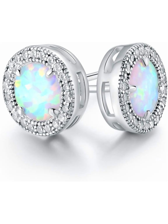 18K Rose Gold Plated Created Opal Halo Stud Earrings for Women Hypoallergenic CZ Halo Simulated Opal Jewelry Gift