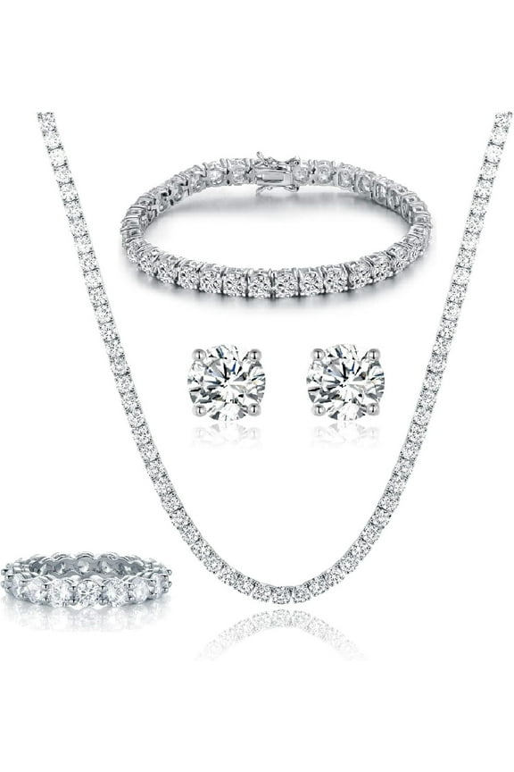 18K White Gold Plated Tennis Necklace/Bracelet/Earrings/Band Ring Sets Hypoallergenic Jewelry Pack of 4