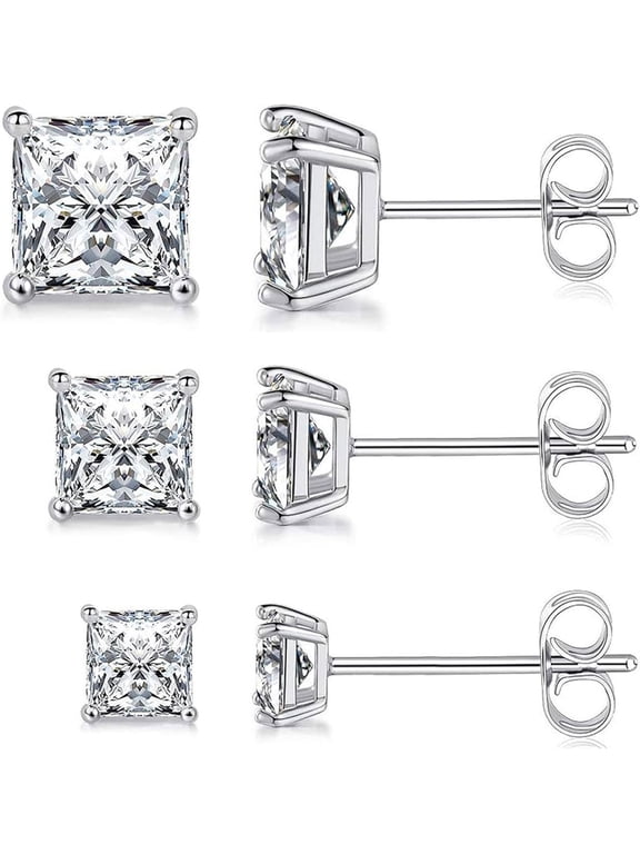 3-Pair Set of 316L Stainless Steel Earrings, featuring 3mm, 5mm, and 7mm hypoallergenic princess-cut cubic zirconia square studs, suitable for both men and women.