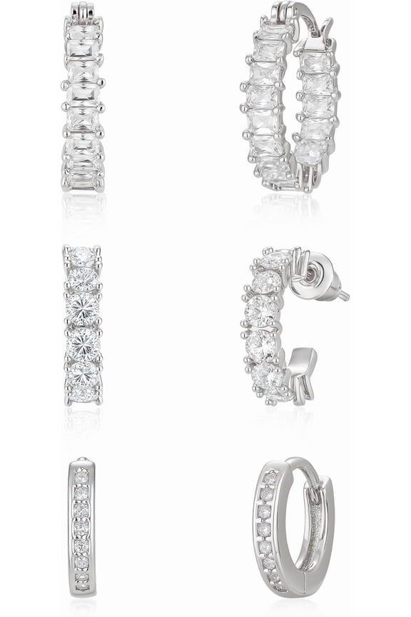 3 Pairs Gold/Silver Hoop Earrings for Women Trendy Dainty 14K Gold Plated Cubic Zirconia Stud Earrings Huggie Hoop Earrings Stack for Multiple Piercing Jewelry