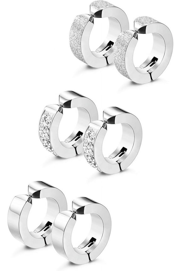 3 Pairs Stainless Steel Mens Womens Hoop Earrings Clip On CZ Non-Piercing
